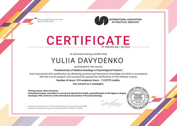 Сертифікат International Association of Practical Sexology: основи медичної сексології, 210 годин, 7 ECTS